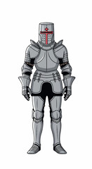 Fototapeta premium Full Body Medieval Knight in Shining Armor with Red Cross Emblem on Helmet.