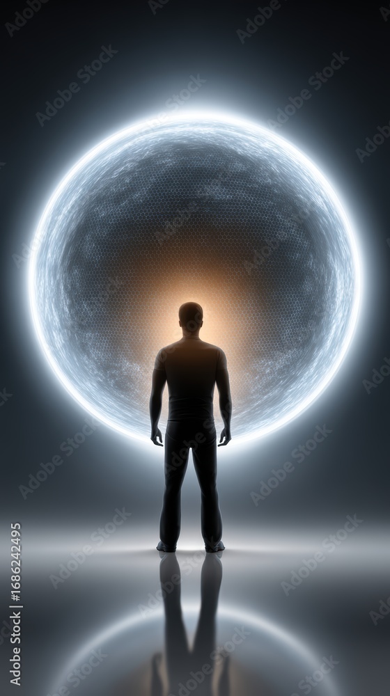 Poster man contemplating large white form, a study in scale and abstraction