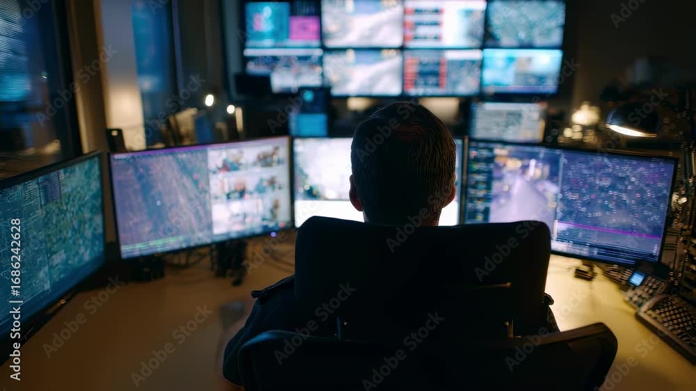 Poster Medium shot of an operator configuring hallucination detection tools on multiple screens with peripheral equipment and walls softly unfocused.
