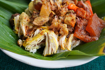 Nasi Gudeg Koyor, captured on September 5, 2025. Traditional Javanese rice dish with sweet young jackfruit stew and tender beef tendon, authentic Indonesian culinary heritage