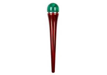 A meticulously crafted walking stick displays a rich, deep red wood finish accented by a gleaming emerald green gemstone orb.