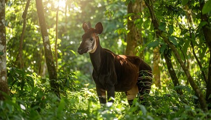 Okapi in lush forest