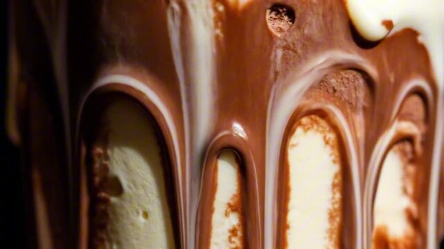 Closeup reveals chocolate and vanilla ice cream dripping in an arched pattern