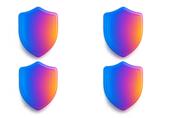 Set of four gradient shield icons in 2x2 grid—symbolizing digital protection, UI security elements, and modern safety design in a transparent, modular format.