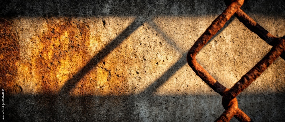 Poster a close up of a rusted metal fence showing texture and weathered surface with shadows on a concrete 