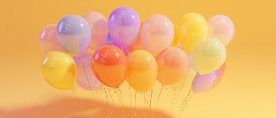 Colorful Balloons in Pink Yellow Orange Purple and Green Floating Against Bright Yellow Background for Festive Celebration or Party Decoration