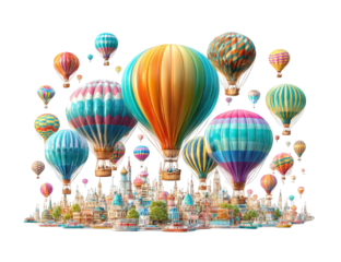Colorful hot air balloons over a whimsical city