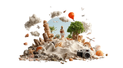 Surreal beach scene with traveler