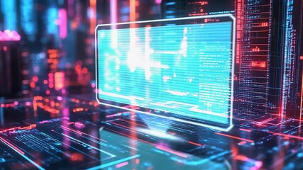 Futuristic server room processing big data with code displayed on screens - Powered by Adobe