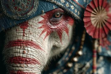 A woman with a red and white face paint and a red umbrella