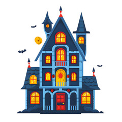 Spooky haunted house PNG with bats and glowing windows for Halloween vector style,generative ai	