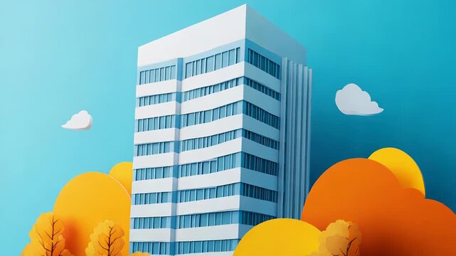 Modern office building emerging from colorful autumn foliage and clouds in paper art style