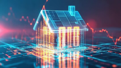 Holographic house standing on digital circuit board with binary code and market trend graphs - Powered by Adobe
