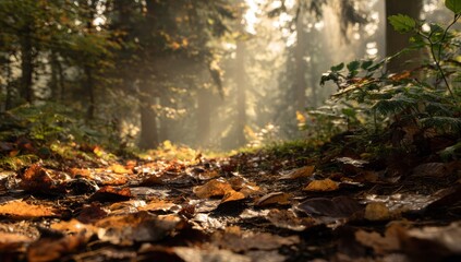 Autumn forest floor with sunlight through trees, fallen leaves and moss, nature background for seasonal decor, eco design, woodland wallpaper

