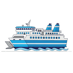 Obraz premium Large Blue and White Ferry Boat Sailing on Water.
