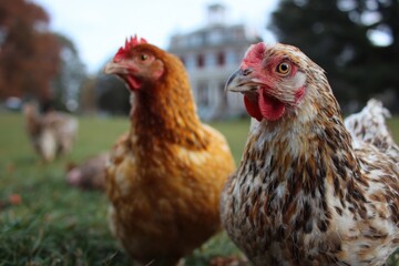 A Group of Colorful Chickens foraging in a Lush Green Field under a Bright Blue Sky Creating a Cheerful and Vibrant Rural Scene Capturing Nature