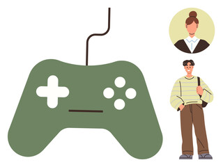 Large green game controller with wired connection, young male standing with backpack, and female portrait illustration. Ideal for gaming, community, technology, entertainment, hobbies, youth culture