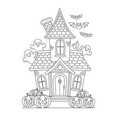Spooky Halloween coloring page featuring a whimsical haunted house, cute ghosts, flying bats, and jack-o'-lanterns for a fun creative activity