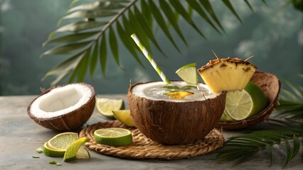 Refreshing coconut drink with pineapple and lime served in a coconut shell