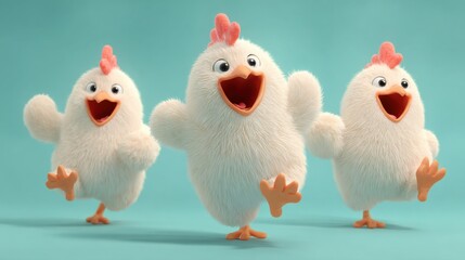 Fototapeta premium Three White Chickens Standing in a Row Against a Soft Green Background Creating a Peaceful and Charming Farmyard Scene Evoking Rural Simplicity and Joy