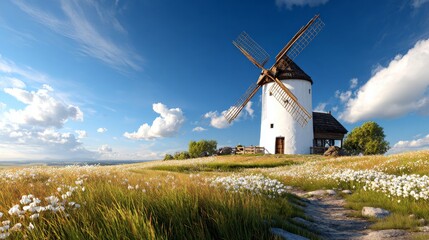 Traditional Dutch windmill rises above a sea of blue tulips under a clear sky.