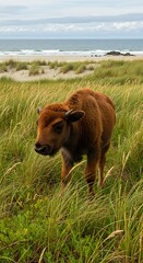 海風と草原の子牛