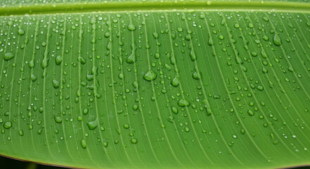 Detailed close-up of fresh banana leaf with water droplets, often used as natural food wrapper in Indonesian traditional dishes.