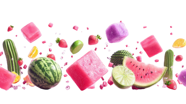 Colorful fruit and ice cubes