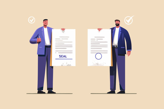 Two businessmen hold up official documents with seals and checkmarks signifying approval and agreement