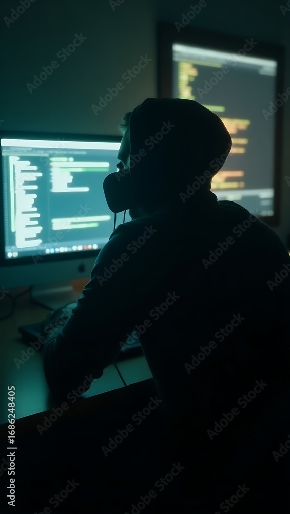 Aufkleber generative ai digital intrusion vigilance. the image predicts a lone coder immersed in lines of