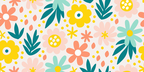 Charming hand drawn floral pattern with leaves and dots in pastel and bright colors