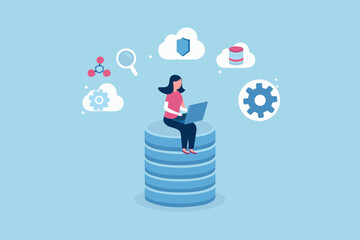 Woman working on laptop sitting on stack of data disks with cloud computing icons and symbols around her