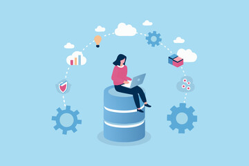 Woman working on laptop on database with cloud technology and data flow symbols surrounding her