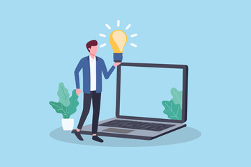 Man holding a glowing light bulb above a laptop representing a new idea or innovation
