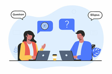 Two people collaborating on laptops with speech bubbles indicating questions and ellipses