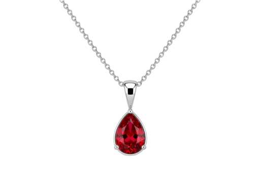 A pear-shaped ruby pendant, gleaming brightly against a stark black backdrop, hangs elegantly from a delicate silver chain. - Powered by Adobe
