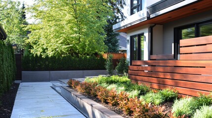 37.A contemporary backyard setting where a rich wooden fence stretches along the house, providing privacy while enhancing the aesthetic appeal. Vibrant plants line the edges, contrasting beautifully