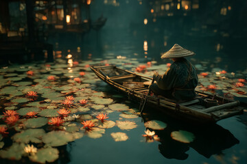 Obraz premium A man is sitting in a boat on a lake