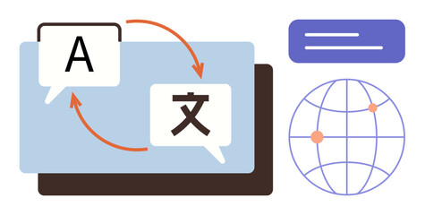 Speech bubbles with language characters, arrows for translation, screen, and globe for global communication. Ideal for language learning, internationalization, localization, global connectivity