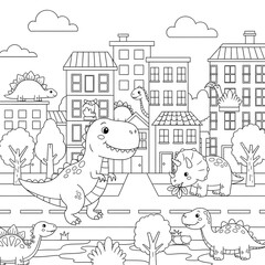 Cute cartoon dinosaurs invading a modern city, a fun coloring book page for kids' creative activity