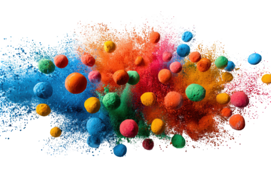 Colorful spherical objects suspended in a vibrant explosion of color