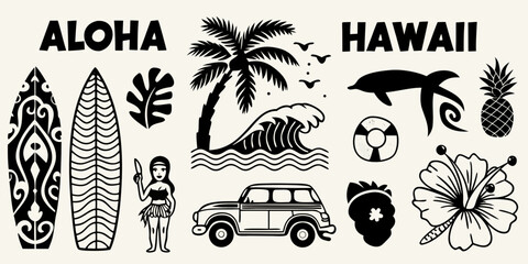 Collection of hawaiian aloha and hawaii themed illustrations with surfboards palm tree wave car and tropical elements © Sunil123
