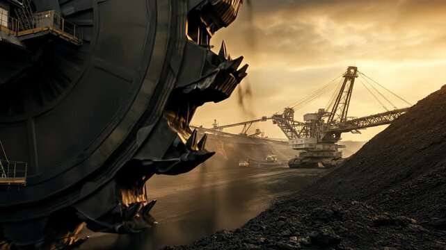 Dramatic low angle shot of a massive bucket wheel excavator in a coal mine under a cloudy sky. Mining industry extraction of natural resources.