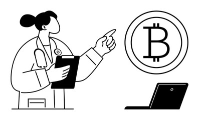 Female doctor holding clipboard, pointing at bitcoin symbol near laptop. Ideal for cryptocurrency, healthcare technology, innovation, finance, remote work, digital economy, simple flat metaphor