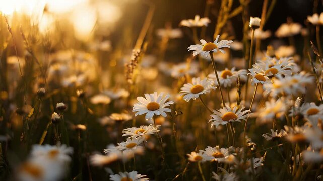 Daisy flowers meadow field at sunset