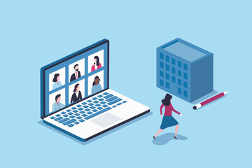 Woman participating in a remote team meeting on a laptop with a stylized office building and pencil nearby