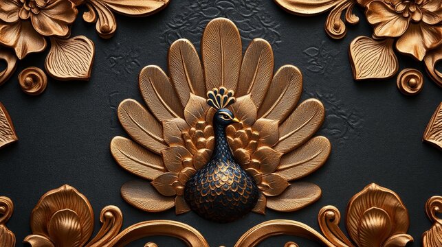73.A refined and opulent invitation design with a central golden peacock motif, framed by symmetrical lotus-inspired borders. The embossed textures and rich gold foil details add depth and