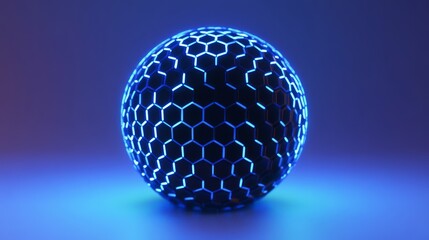 85.A softly glowing spherical security shield, made of interconnected hexagonal tiles emitting a soft neon glow. The smooth blue gradient background enhances the modern, futuristic feel of digital