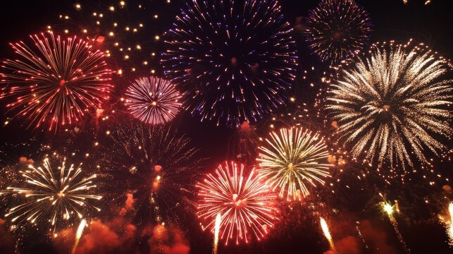 23.A stunning night sky filled with an array of fireworks bursting in various sizes and colors. The carefully balanced composition creates a visual focal point while maintaining open space for