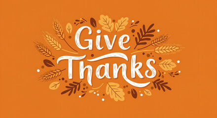 Give Thanks Thanksgiving Holiday Greeting Card Autumn Leaves Orange Background